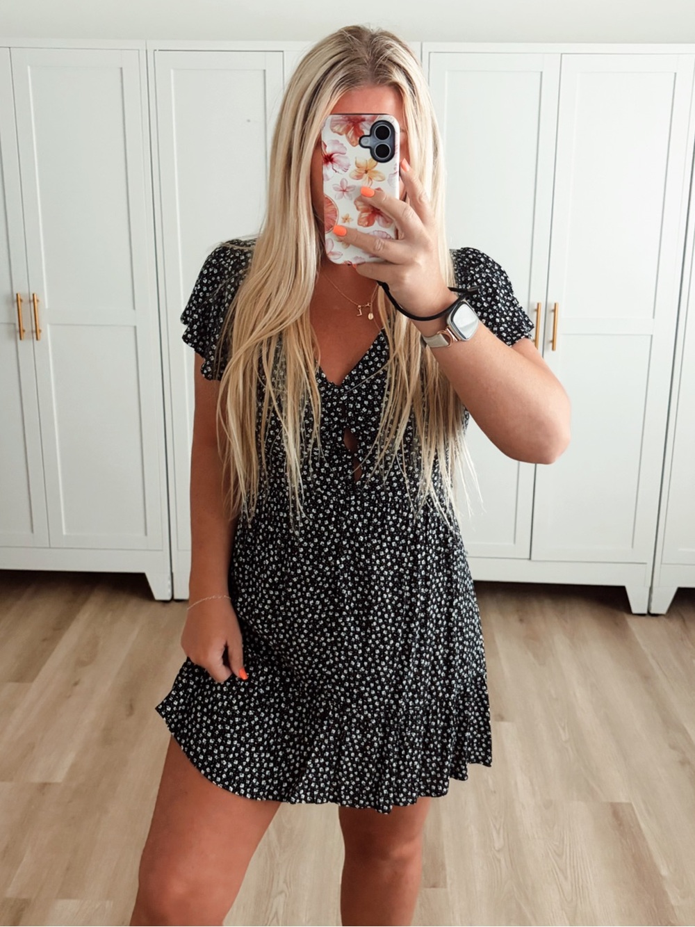 Black and white ditsy floral cap sleeve dress